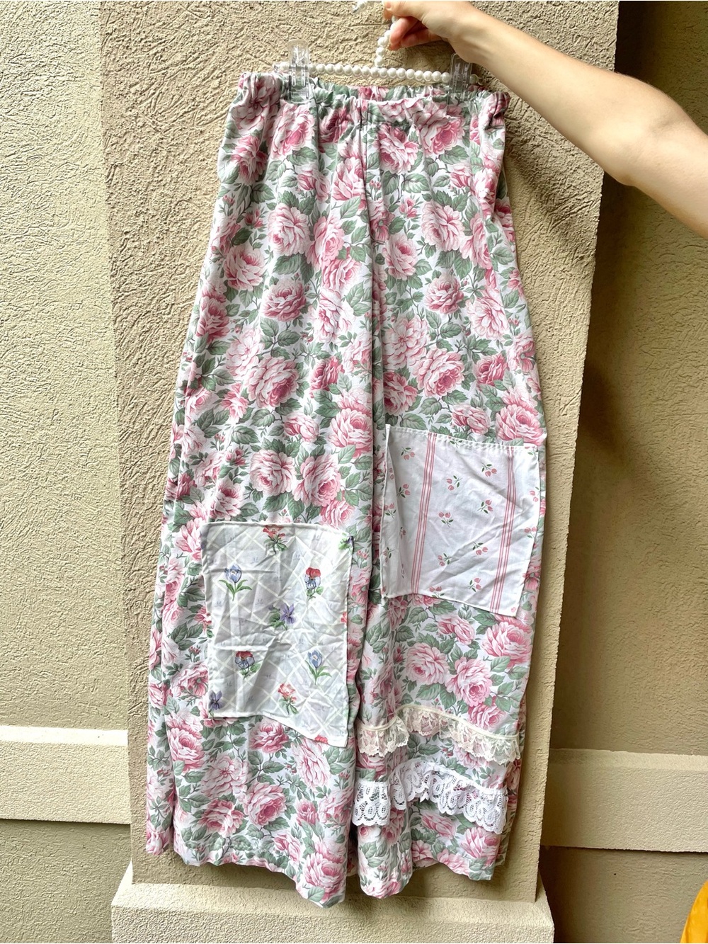 Cottagecore Floral cotton patchwork wide Leg Pants with lace